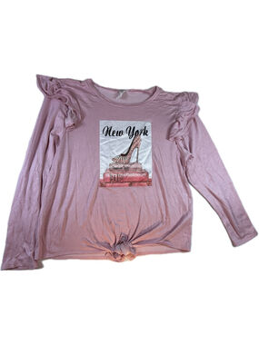 Davida USA Pink New York Graphic Top 3X Ruffle Shoulder Long Sleeve Tie Front